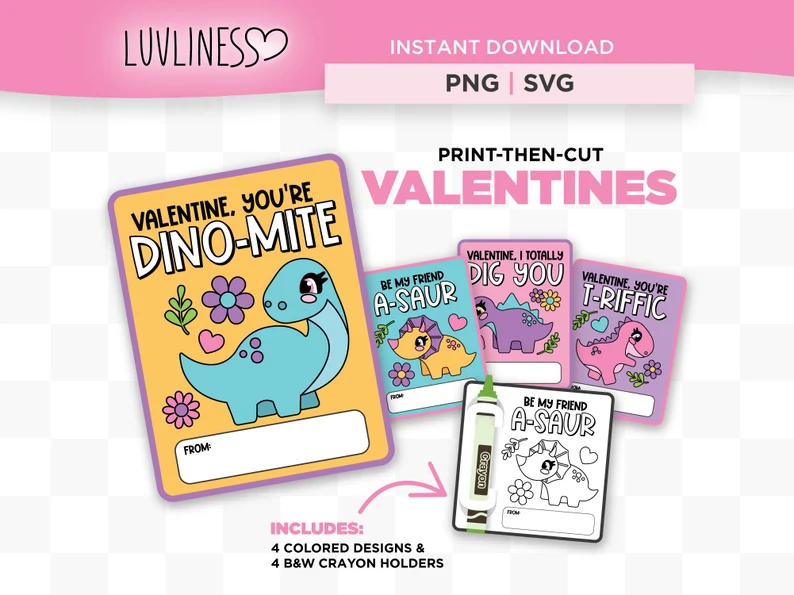 Valentine Cards for Kids Class, Printable Valentine Cards, Print-Then-Cut Cards for Cricut, Girl Dinosaur Valentine Cards