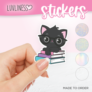 Black Cat Sticker, Vinyl Sticker, Cat on Stack of Books Sticker, Waterproof Sticker