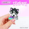 Cat on Books Sticker - Black & White Cat