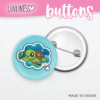 Blue button with thinking speech bubble. Turtle swimming in ocean.